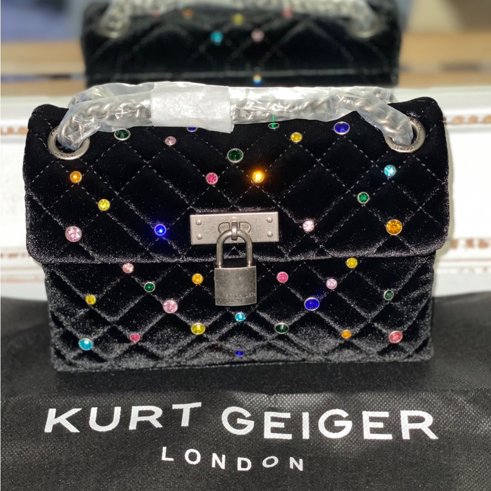 Kurt Geiger London Black Velvet Multicolor Stone Mini Crossbody Bag